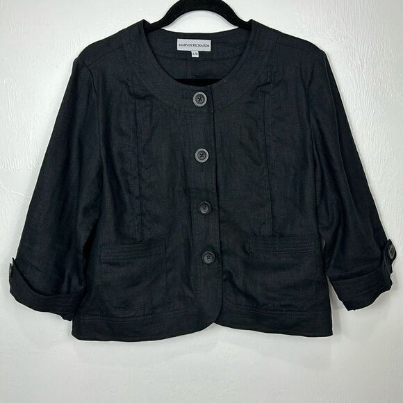 Marvin Richards Black Linen 3/4 Sleeve Button Front Jacket Size L - Picture 1 of 10